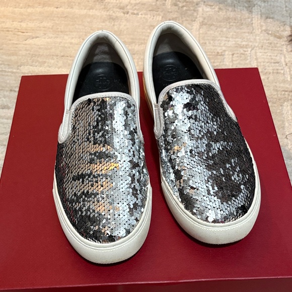 Tory Burch Silver Sequin Slip-On Sneakers